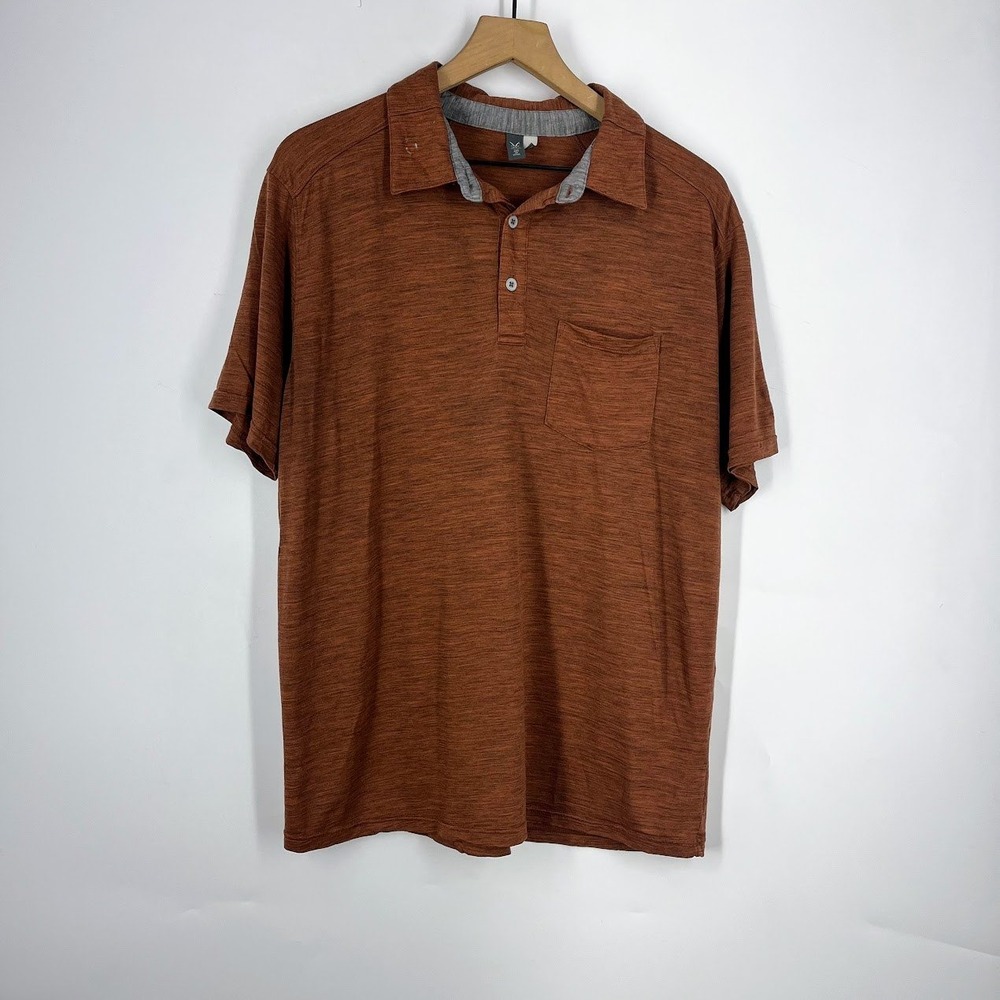Ibex Mens Large Rust Orange 100% Merino Wool Short Sleeve Pocket Polo Shirt L